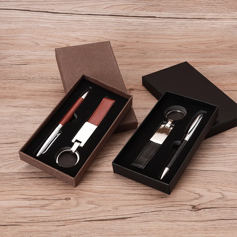 Hot Sale Custom Colorful Set Gift Box Leather Metal Pen Key Chain Business Gift Sets Two Pieces Set Pen And Keychain In Box