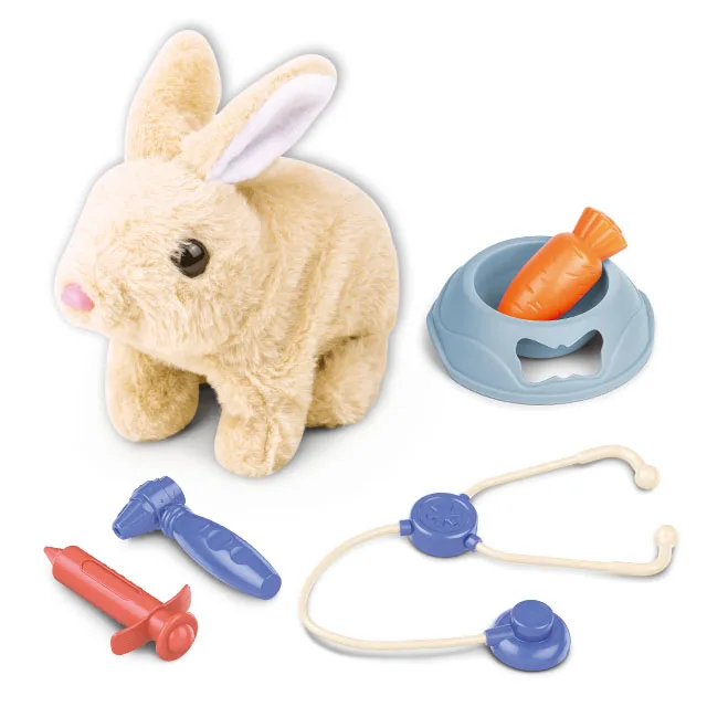 Stuffed animal toys electric pet rabbit walking  with sounds for plush rabbit toys kid doctor set