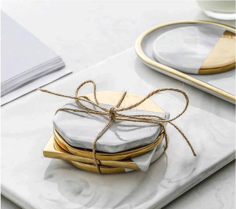 Заплатанный коврик для чашки, наборы керамических подставок, модные золотистые мраморные Коктейльные коврики и подставки для пива, кофе, украшения дома на все сезоны