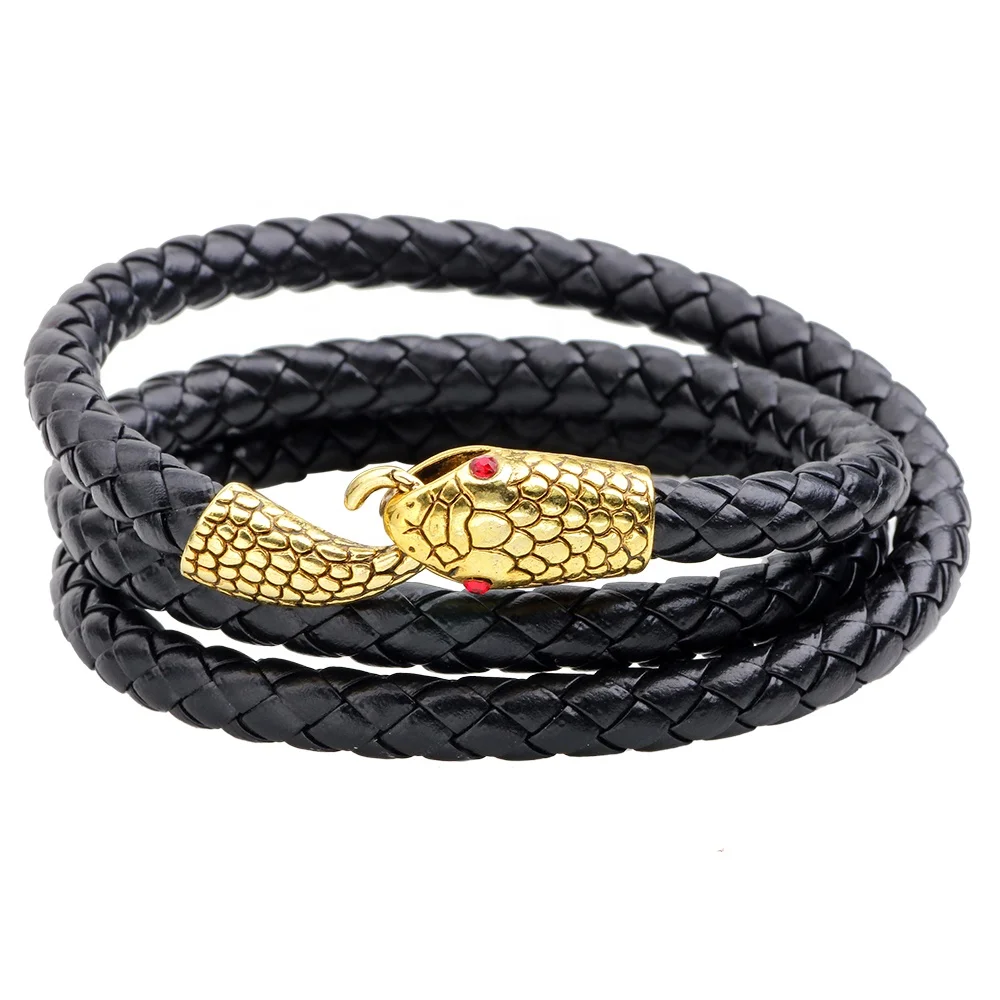 Personality men&women gold silver alloy snake head charm leather braided wrap bracelet
