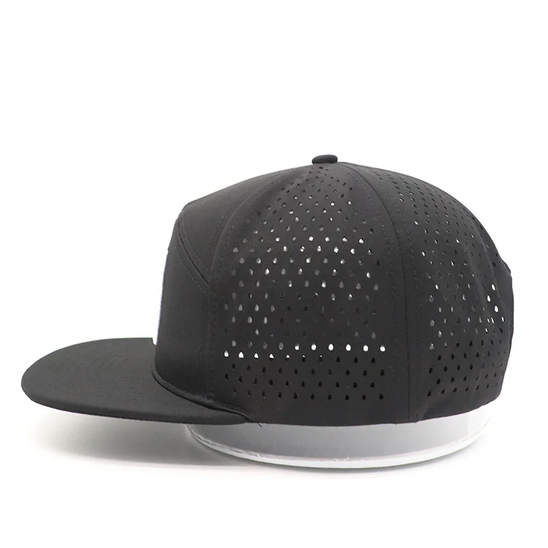Custom 7 Panel Flat Bill Laser Cut Performance Waterproof black Baseball Cap High Quality Unisex  Hat & rubber logo