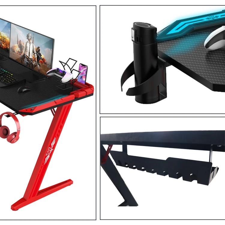 Factory Wholesale Z-Shaped Red Computer Gaming Table With Led Custom E-sports Gamer Desk Ergonomic RGB Gaming Desk