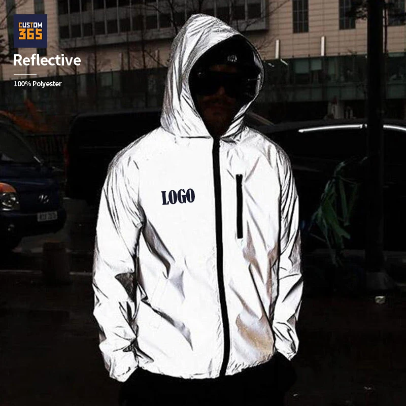 100% Polyester Reflective Hood Zip Wholesale 3m Windbreaker Oem Custom Logo High Mens Reflective Jacket