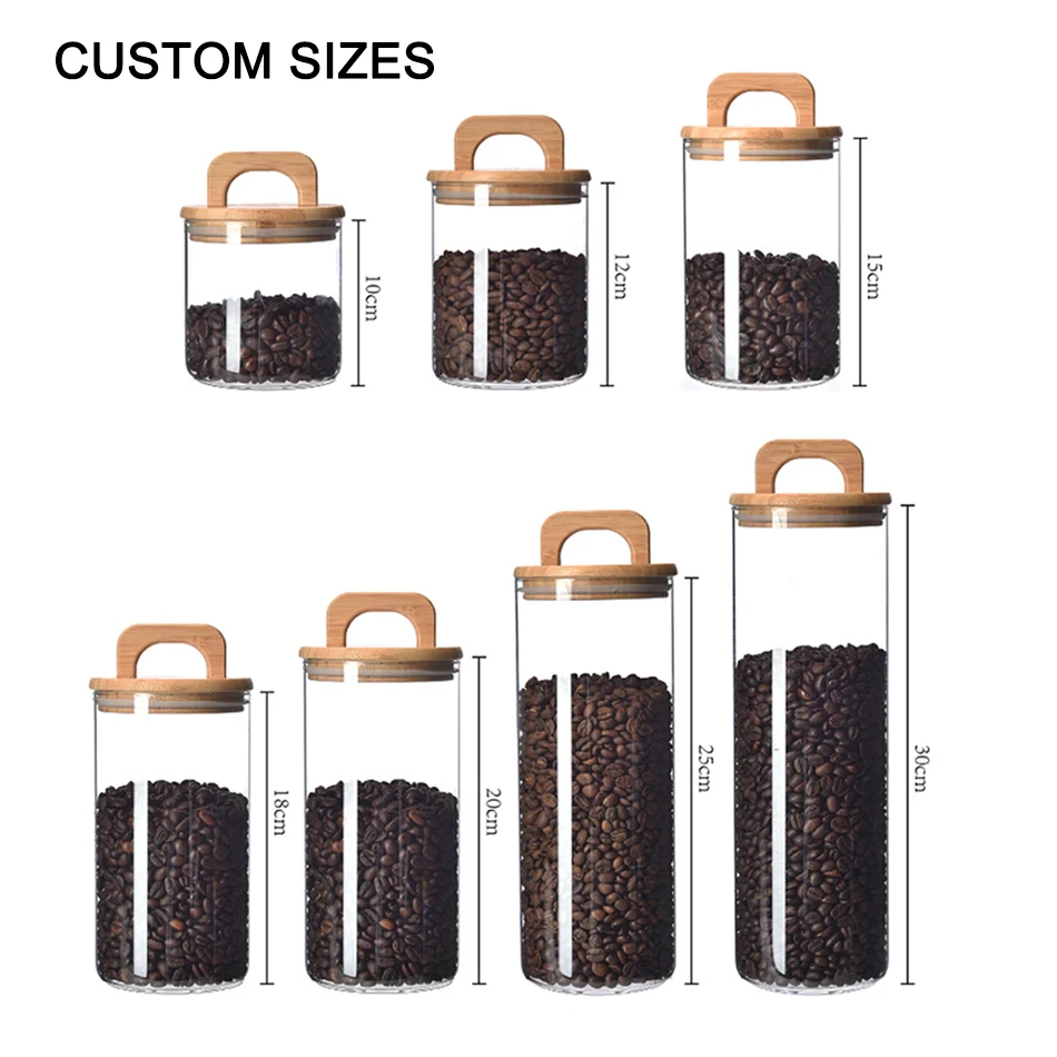 wholesale custom clear decorative stackable large high borosilicate tea coffe food airtight bamboo wooden lid jar glass canister