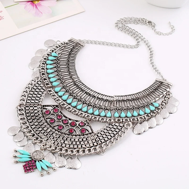 Винтажное роскошное ювелирное изделие в индийском стиле ожерелье ретро цветок хрустальные бусины античное из серебра и золота с монетами чокер