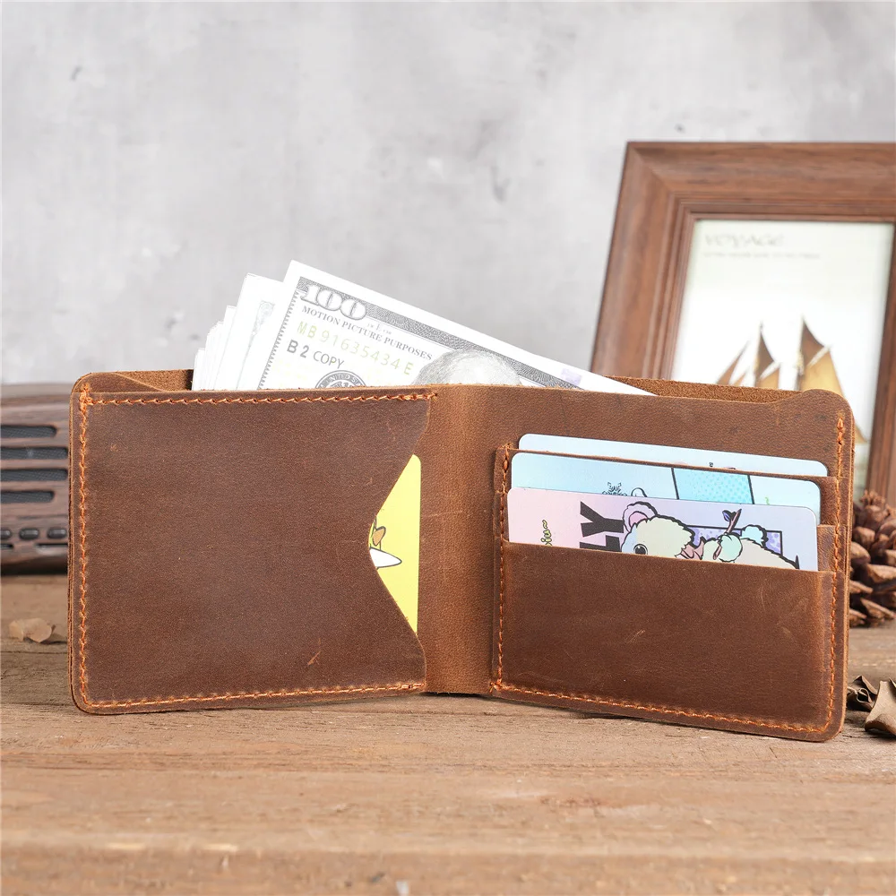 Bifold Vintage Men Crazy Horse Genuine Leather Cow Leather Credit Cards Holder Wallet