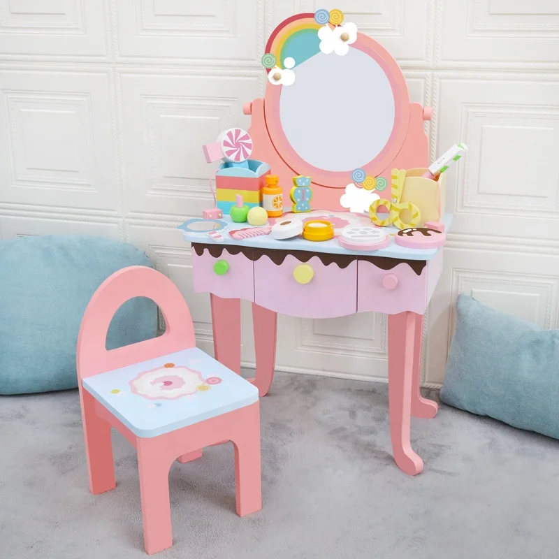 Pretend Play Toy Education Kids Girl Makeup Gift Set Toy Wooden Pink Baby Dressing Table Toy Set girls