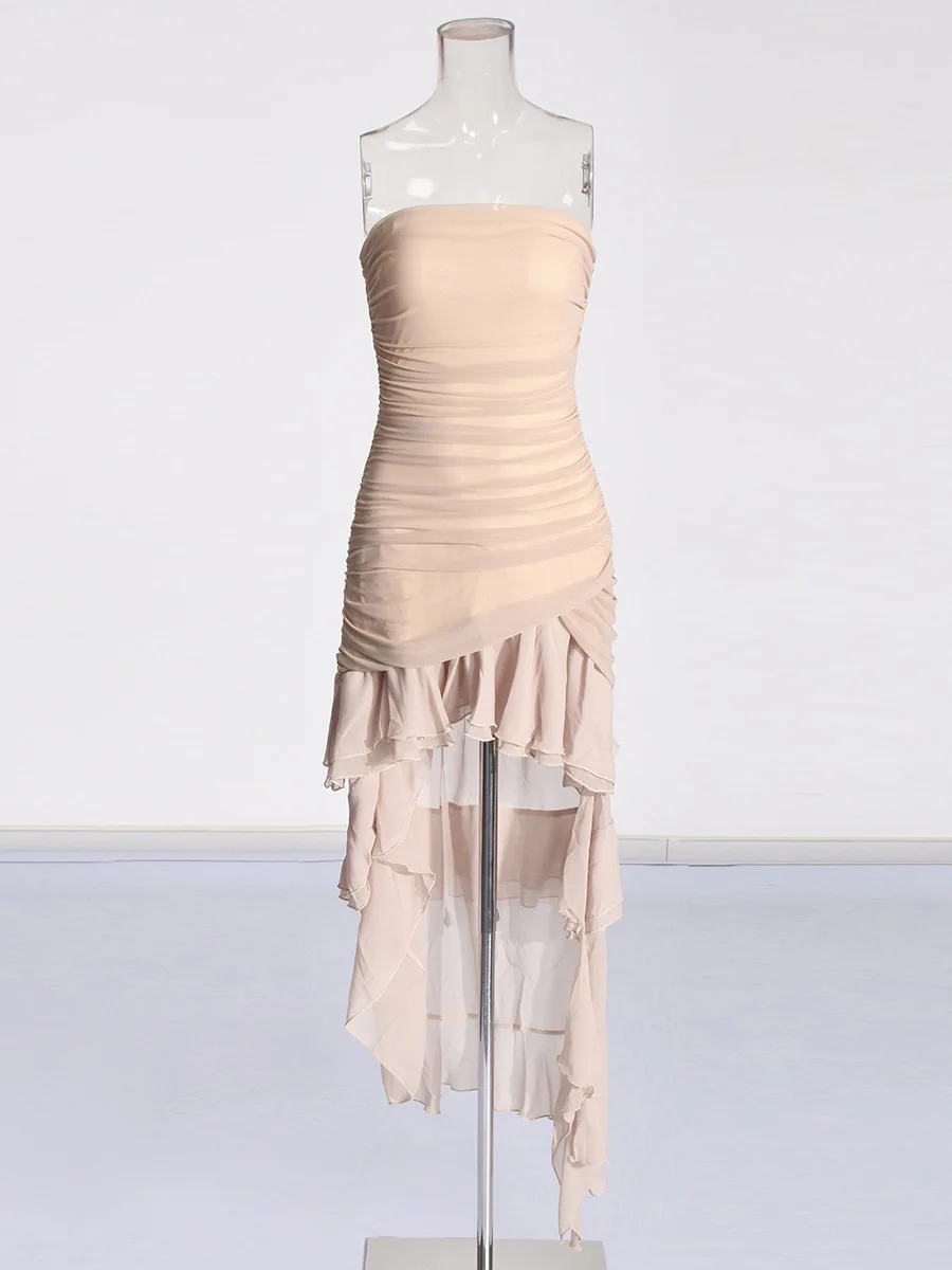 Sexy Socialite style party dress 2024 Summer new tube chest closed waist ruffled open back irregular dress
