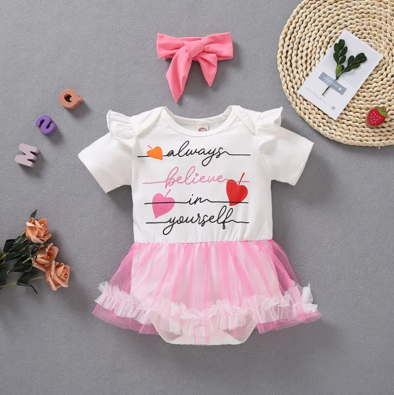 Wholesale Baby short sleeve for summer letter printing tulle skirt Baby girls Romper