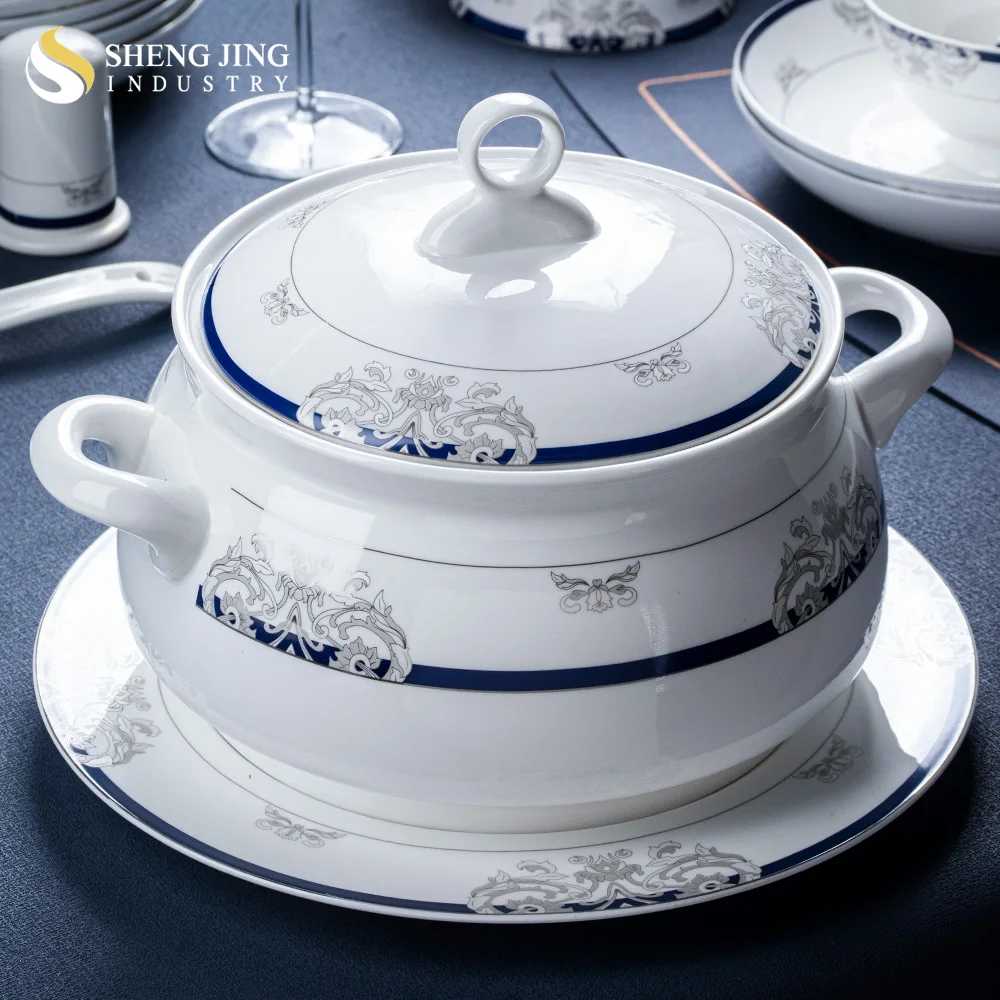 European Fine Bone China White Ceramic Restaurant Hotel Household Dinnerware Dinner Tableware Set With Blue RimSets