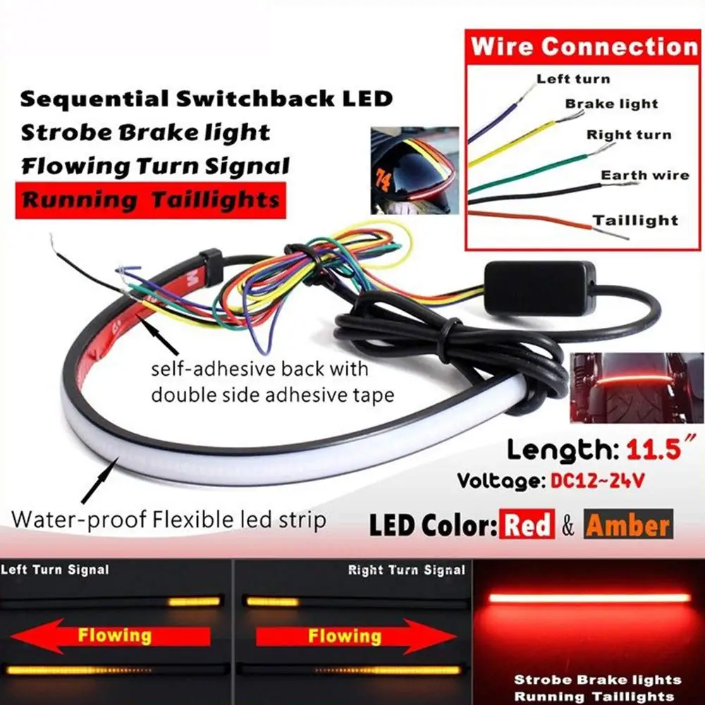 30cm 108LED 3W Motorcycle Sequential Switchback Flowing LED Tail Brake Turn Signal Strip Motorcycle Lights Motorcycle Tail Light