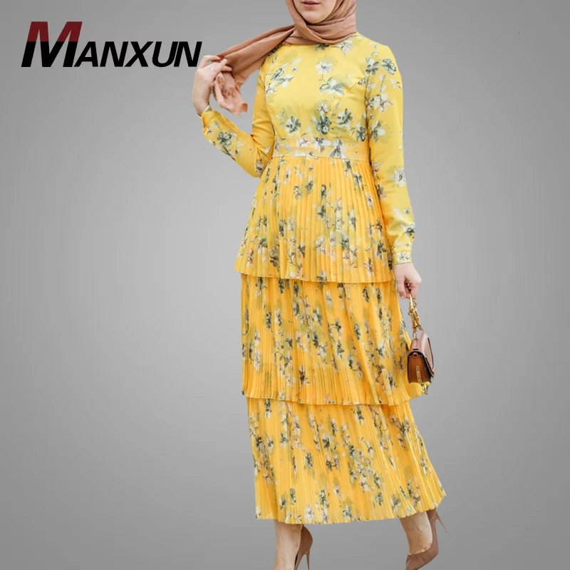 Fashion Flower Printed Long Sleeve Muslim Women Abaya Modest Fresh Islamic Clothing Kaftan Dress High Quality Muslim Abaya Jubah