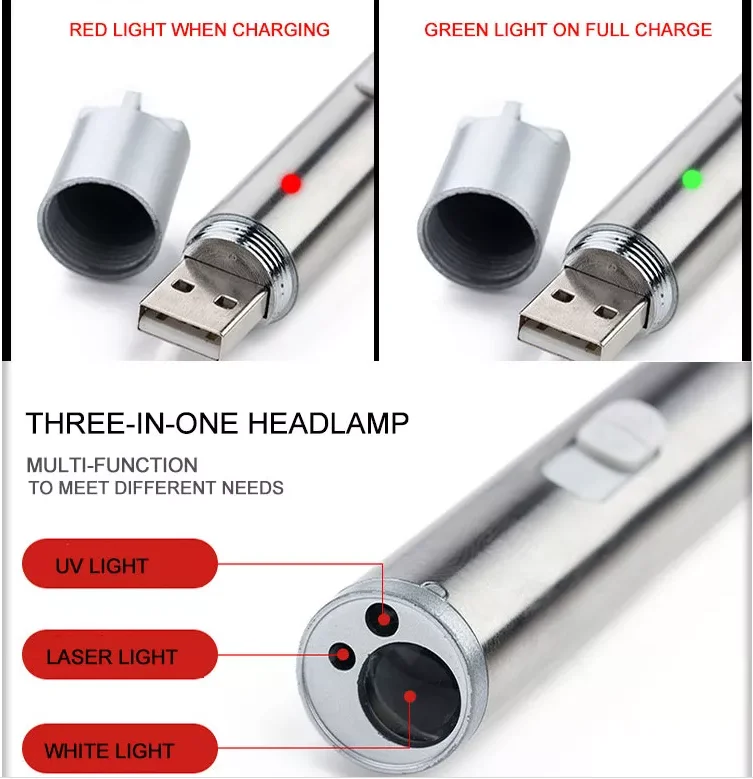Wholesale 3 in 1 multi-function mini USB rechargeable penlight led pocket red laser Pointer UV flashlight for Pets Interactive