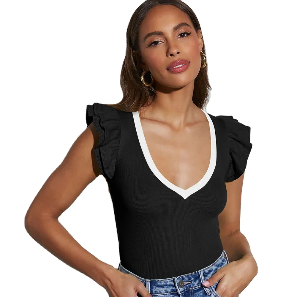 European style commuting solid color threaded slim fit top with contrasting V-neck short sleeved T-shirt for women in summer