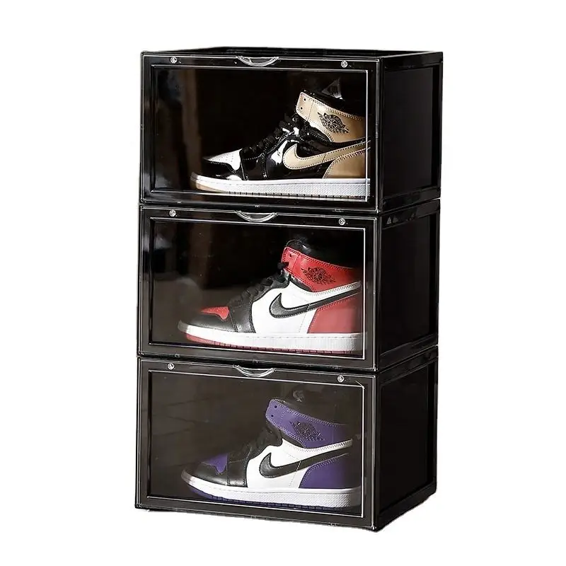Transparent Shoe Box Storage Drop Frnot Magnetic Door Plastic Sneaker Box Stackable Black Clear Shoe Box