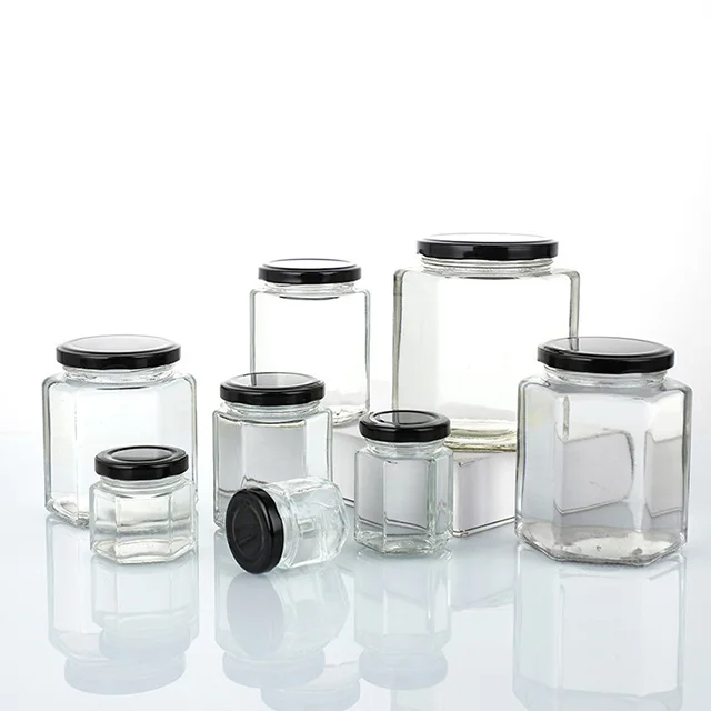 PUTIAN Factory Wholesale Glass Hexagon Jar Honey Bottles With Metal Lid for Kitchen Food Container