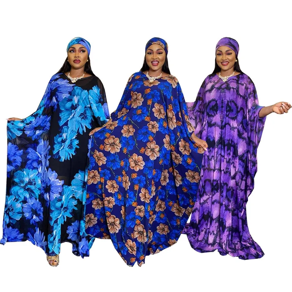 New Fashion African Dashiki Chiffon Plus Size Long Dress For Women Summer Print Flower Abaya With Inner And Headtie Scarf Gown