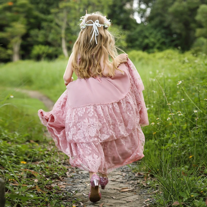 Boho Flower Girl Dress Wedding Pink Black Withe Ball Gowns For Girls 4-14 Years Old