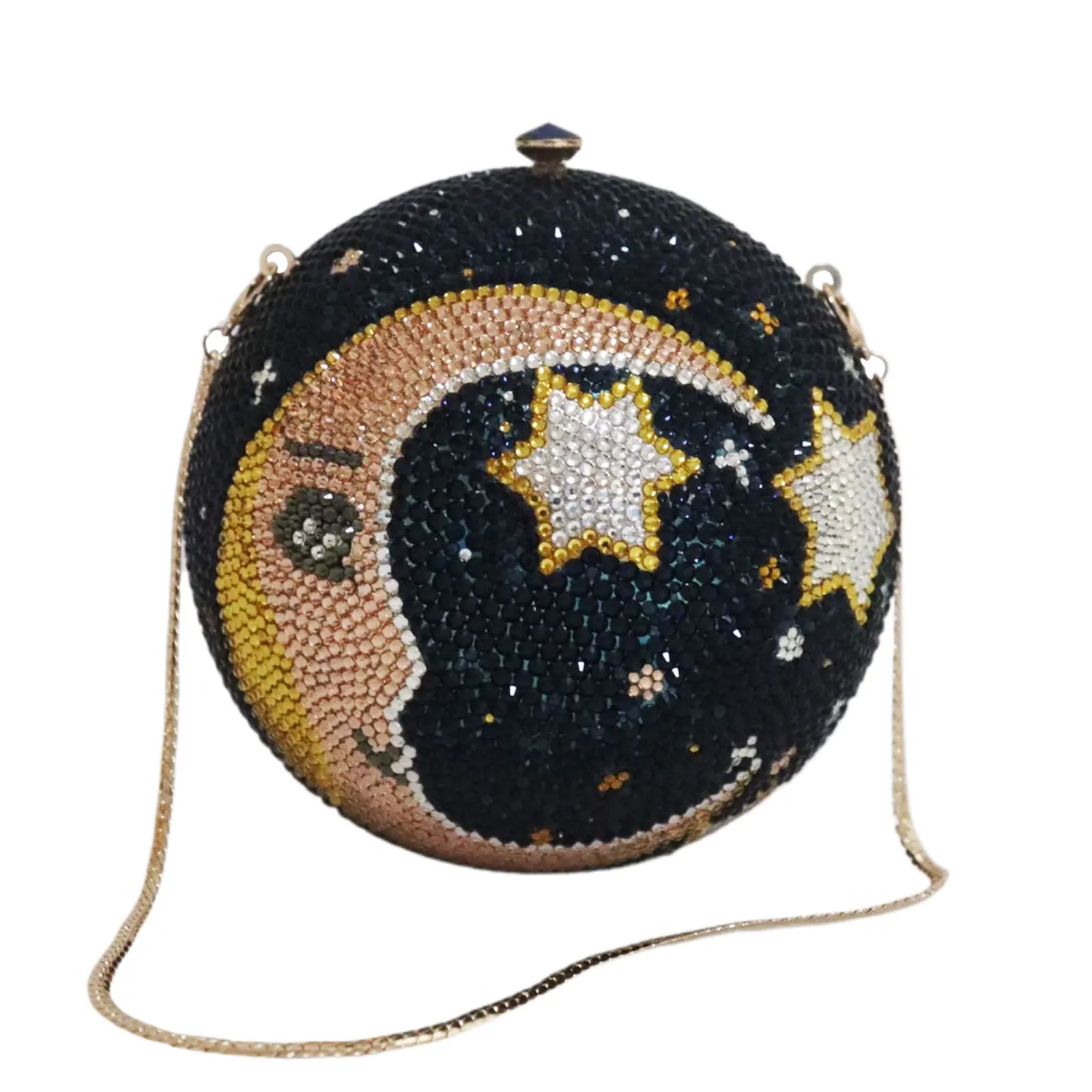 High End Moon and Star Rhinestone Crystal Round Ball Bag Hollow Diamond Evening Banquet Wedding Clutch Elegant Party Gown Purse