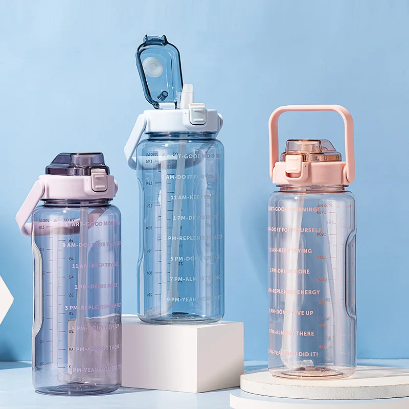2L Motivational Plastic Water Bottle with Handgrip and Time Marker