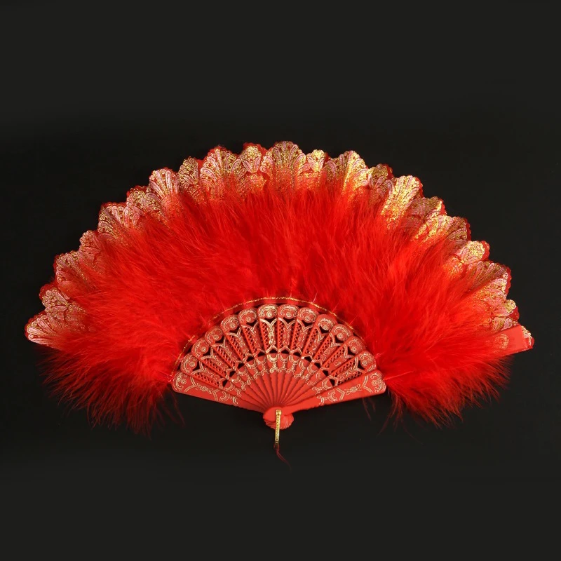 Vintage Lolita Folding Fan Colorful Feather Fan Women Cosplay Dance Fan