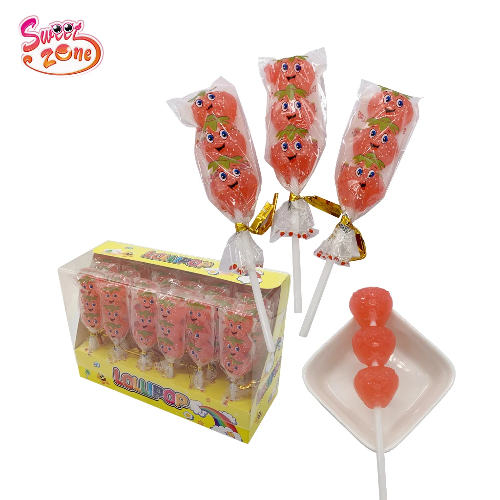Factory price Fruit flavor Strawberry shape Stick Sweet Lollipop
