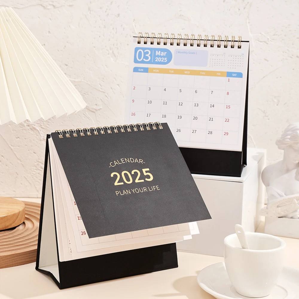 Imoda 2025 Black/Pink Small Desk Calendar Flip Stand Metal Ring Binding With Stickers Monthly Calendar Home School Office