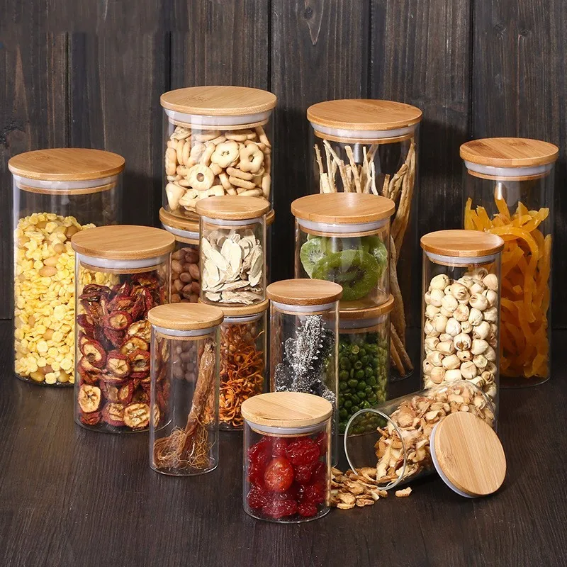Китай, оптовая продажа, круглая кухонная банка для хранения конфет, стеклянные банки для хранения с бамбуковыми крышками