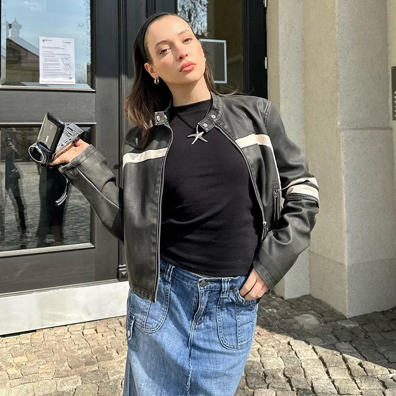 Fashion style color matching short PU Leather slim-fit women jacket autumn stand collar zipper coat