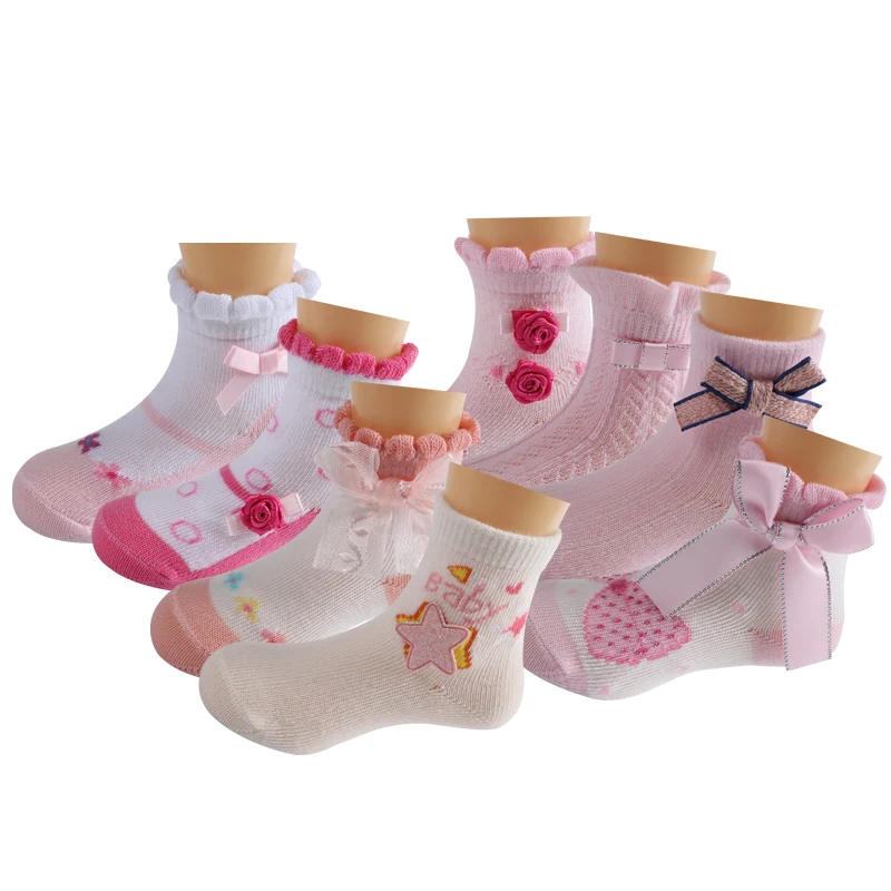 Оптовая продажа, Лидер продаж, мягкие детские носки из 70% полиэстера для девочек 0-6 месяцев, кружевные декоративные носки