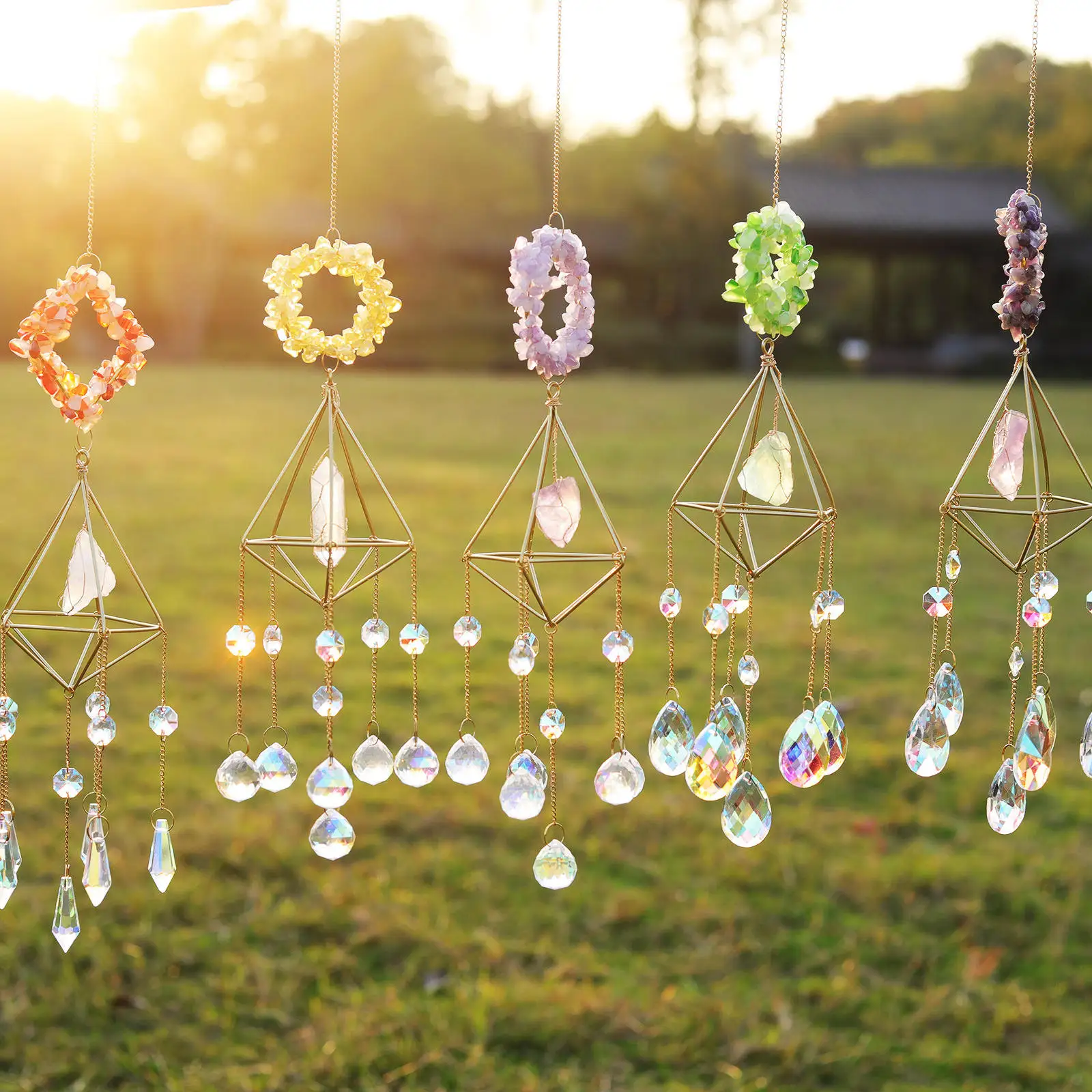 Crystal Wind Chime Moon Sun Catcher Hanging Rainbow Diamond Prisms Pendant