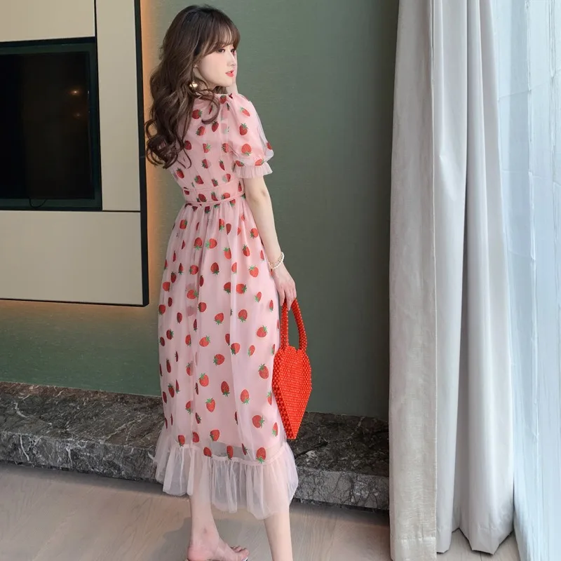 Summer Vacation Dresses Casual Girls Summer Strawberry Printed Pink Sweet Midi Dress