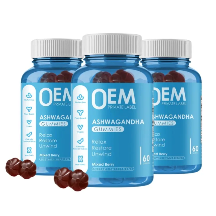 Custom LOGO Ashwagandha Gummies with Vitamin D & Zinc for Stress Relief Mood Support Immune Health