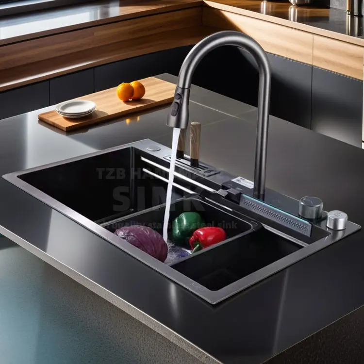 Hydroelectric Water Flow Sink Digital Robinet Cascade Haut Leds Lavabo 304 Stainless Steel Waterfall Kitchen Sinks