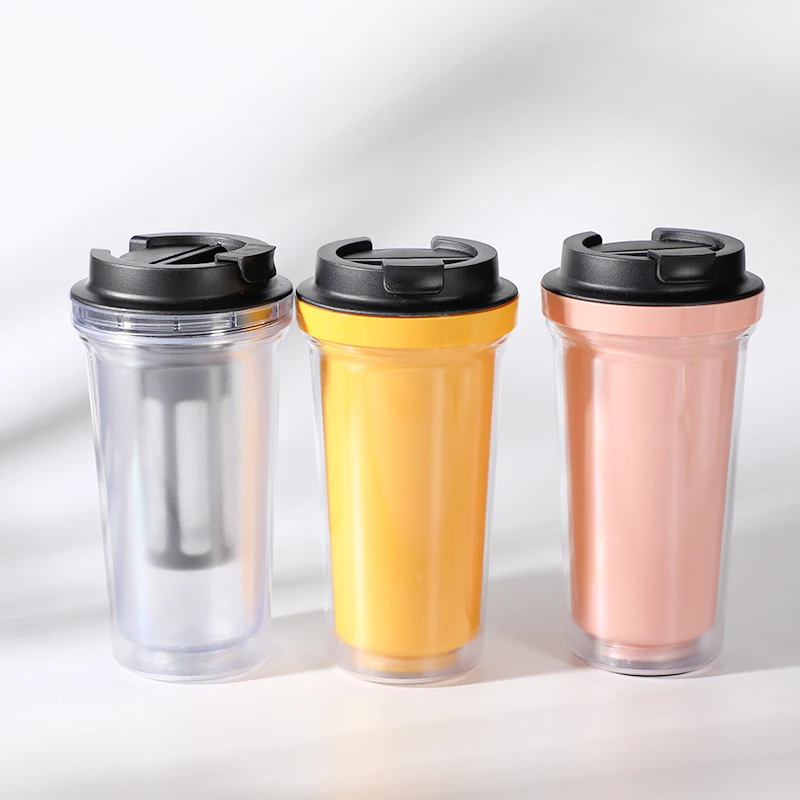 Wholesale Custom Double Layer Plastic Tea Coffee Bottle Cup Infuser Insulated Double Wall Tea Cup with Lid and Strainer