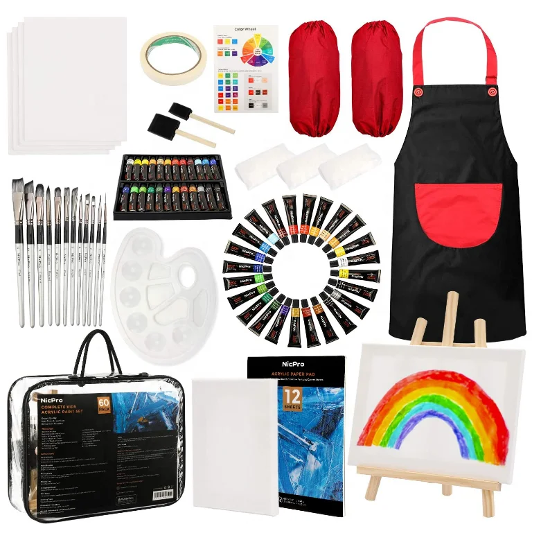 60 PCS Kid Art Set, 24 Colors Acrylic Paint, Complete Painting Supplies Kit for Boy & Girls Gift with Canvas