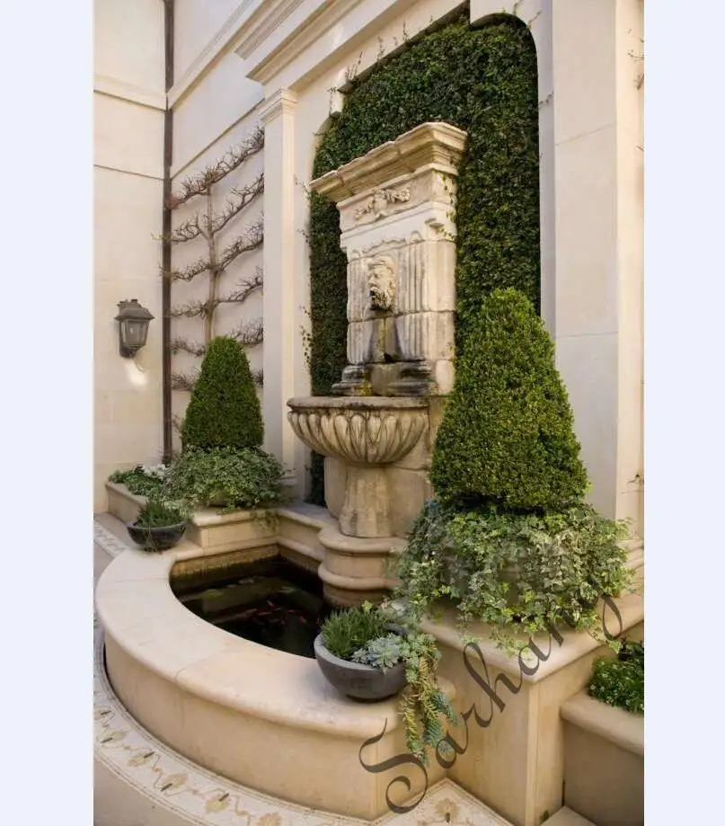 natural stone garden wall  fountains create a restful courtyard in a garden