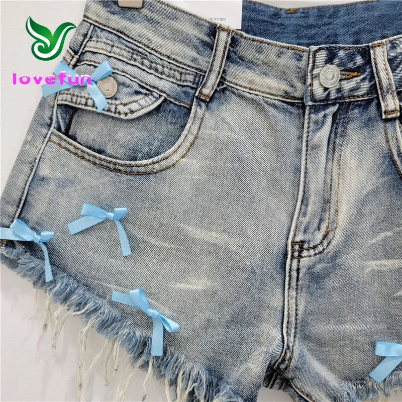 2024 Summer New Collection Leisure street clothing High Waist Fashion Hot Pants Vintage Bow Denim Shorts For Women