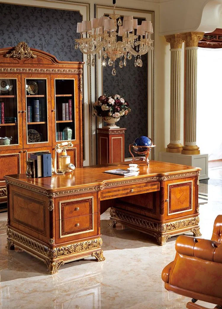 Custom Luxury Home Office Solid Wood European Royal Style Study Room Furniture Set