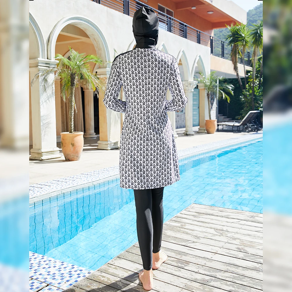 Women Black And White Full Cover Overall Muslim Swim Suit Islamic Hijab Muslim Swimwear Swimsuits 3 Piece Printed Beach Wear