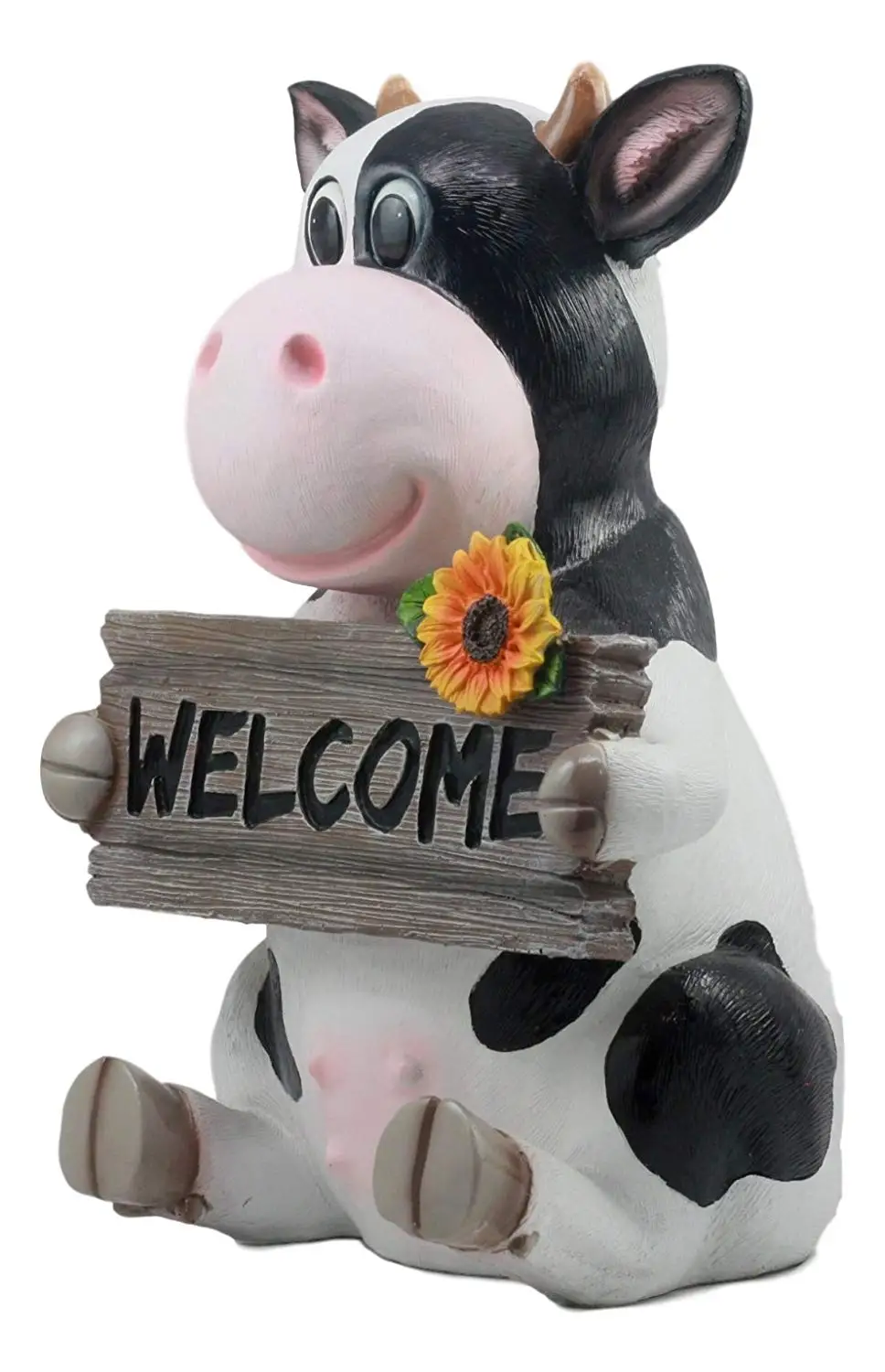 Whimsical Holstein Cow with Welcome Sign Statue  Sunflower Cow Garden Greeter Figurine