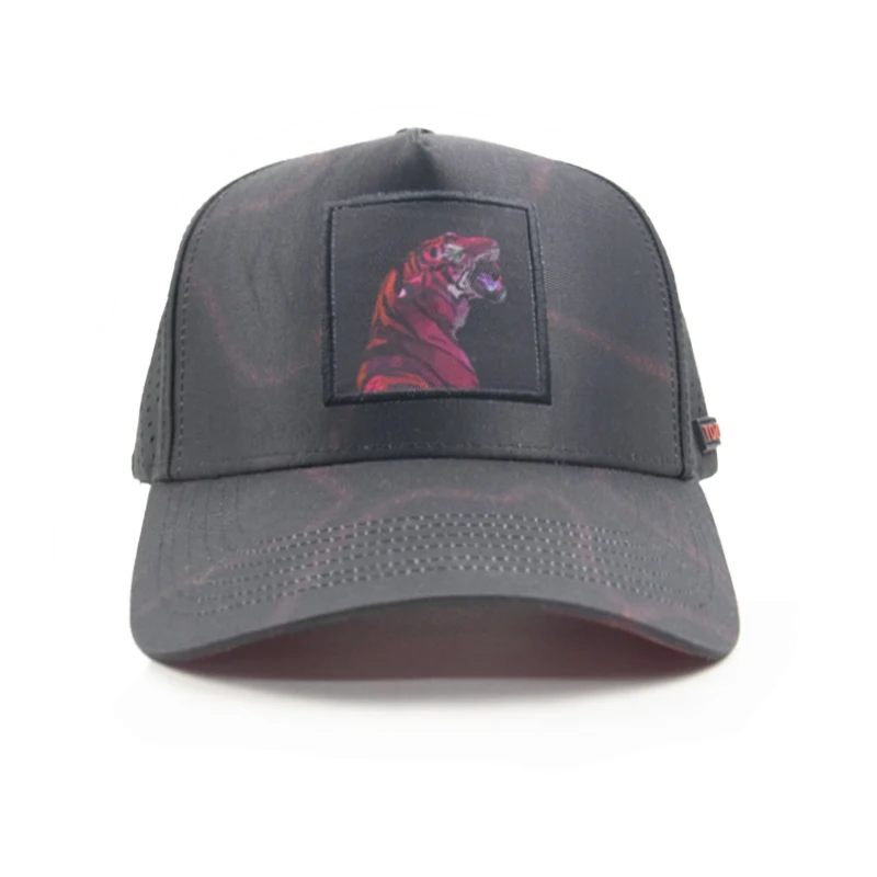 Quick Dry Custom All Over Printed Tiger Mesh Baseball Cap Gorras Wholesale Embroidery Patch Laser Cut Hole Trucker Hat