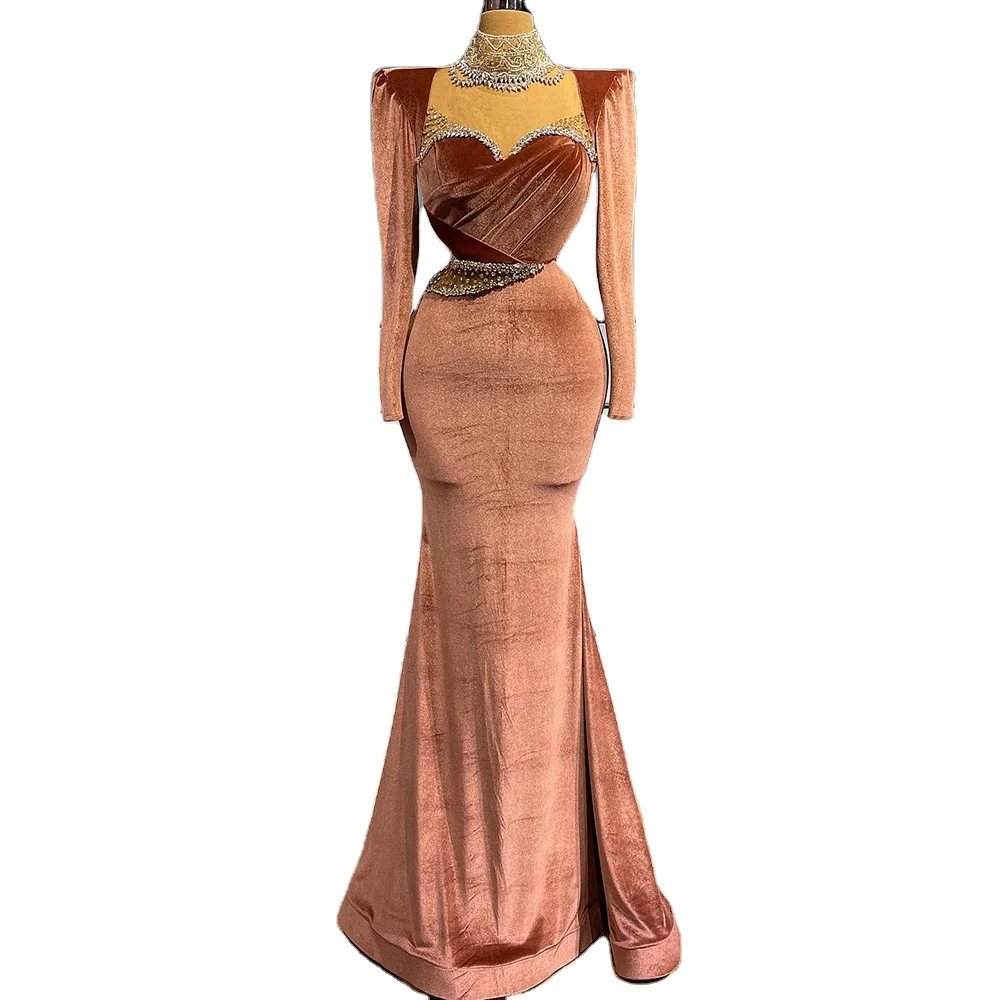 Peach Mermaid Sweetheart Velvet Evening Dresses Serene Hill LA71544 Long Sleeves Elegant Formal Event Gowns For Women