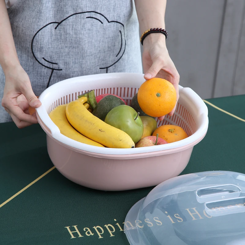 Wholesale Kitchen Tool Multii-funtion Fruit Vegetable Storage Double Layer Plastic Drain Basket With Lid