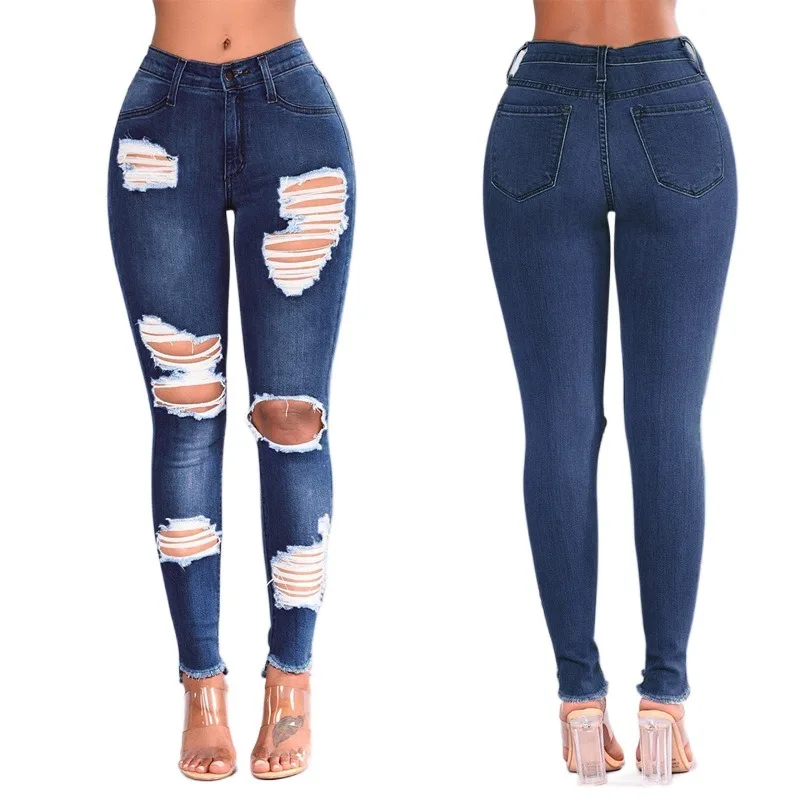 High waist elastic holes skinny jeans women denim casual ripped blue jeans