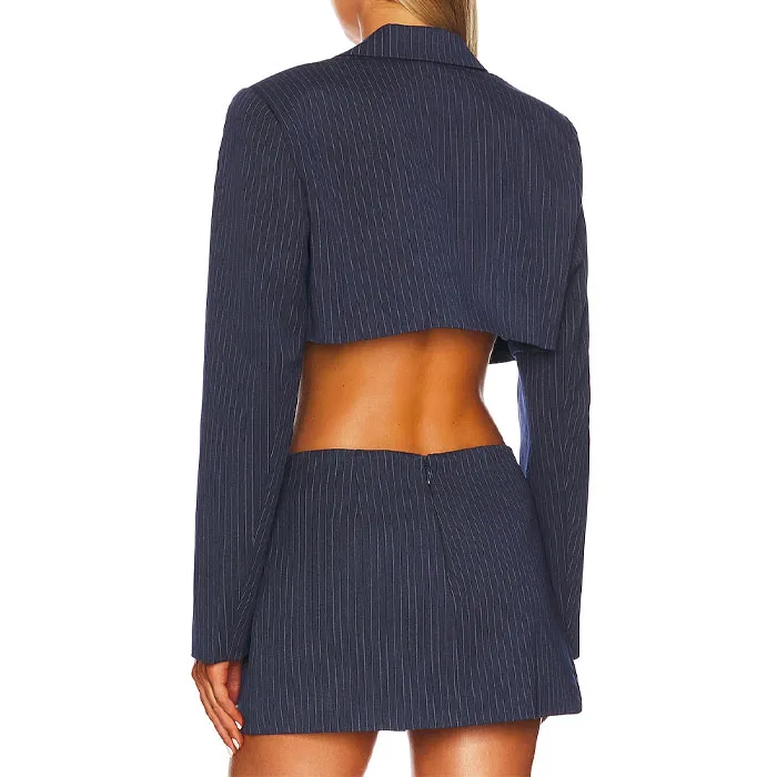 Two pieces set long sleeve notched lapel open front striped blazer and side high slit bodycon mini skirts suits for women