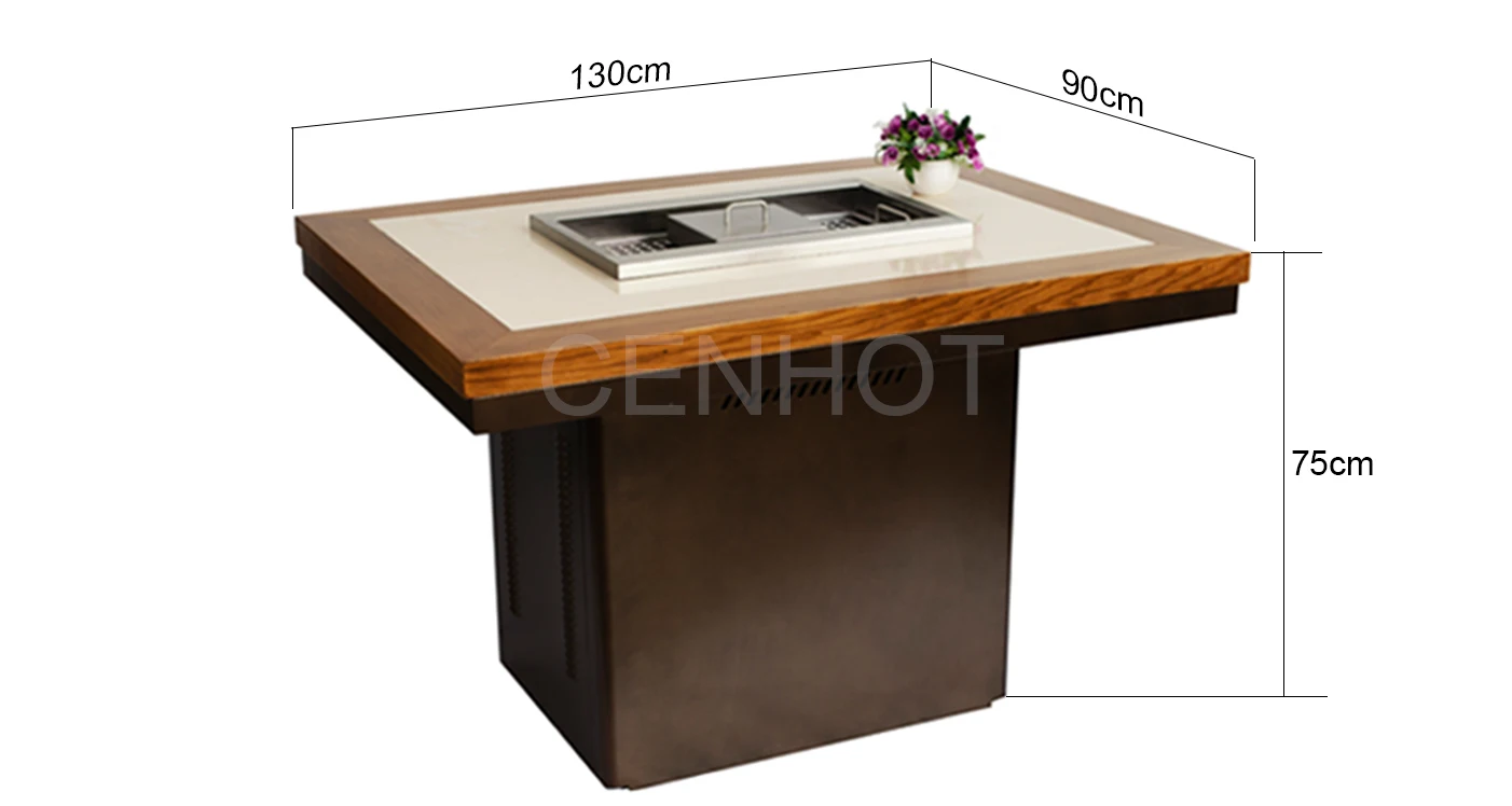 Cenhot Commercial Modern Wooden Granite Marble BBQ Grill And Hot Pot Table For Restaurant