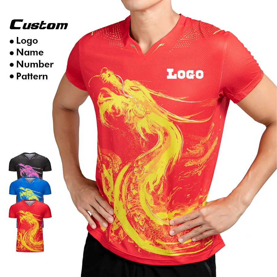 Lidong custom dtg printing Chinese Dragon style sports t shirts Ping-Pong ball team wear mesh fabric moisture wicking t-shirt