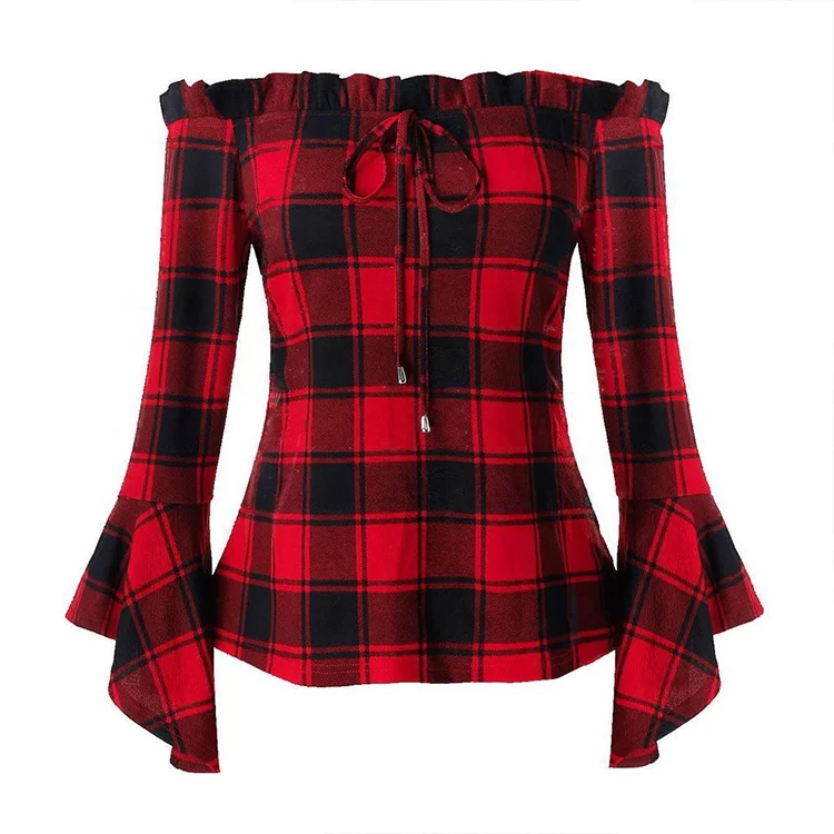 
Women Blouses Long Sleeve Red Plaid Off Shoulder Bell Sleeve Top Printed Top 