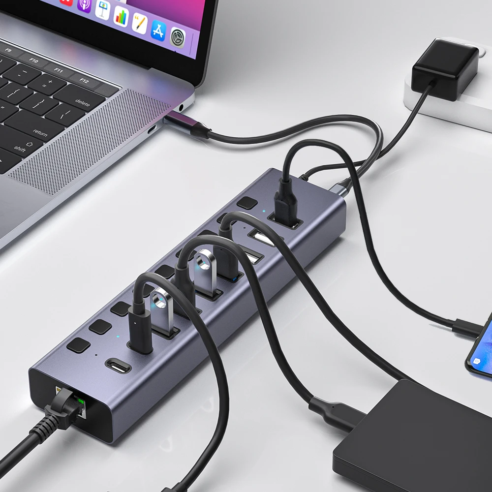 High Speed 10 Ports USB 2.0 Hub USB 3.0 Type 3.1 Gen 2 Splitter with RJ45 Network for Computer Usb hub manufacturer china